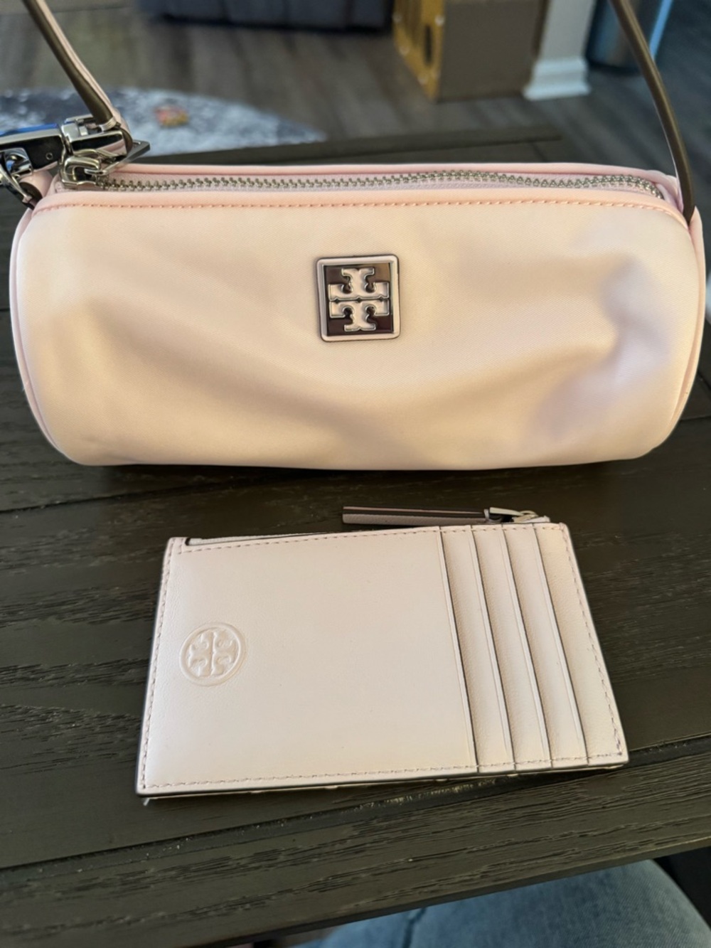 Tory Burch Pale Pink Barrel Bag with Matching Card Holder